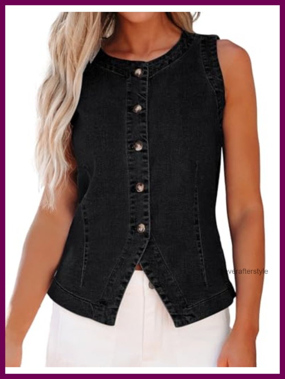Denim Vest Sleeveless Stretchy Button Down Crewneck Split Hem Casual